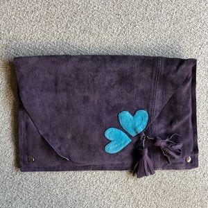 Purple suede clutch with turquoise hearts